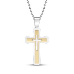 Men's Double Cross Necklace Stainless Steel & Yellow Rhodium 22&quot;