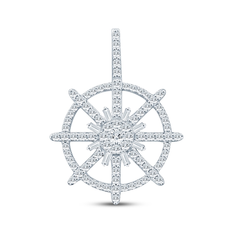 Main Image 1 of Men's Baguette & Round-Cut Diamond Ship Wheel Charm 1 ct tw 10K White Gold