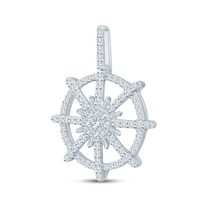 Main Image 2 of Men's Baguette & Round-Cut Diamond Ship Wheel Charm 1 ct tw 10K White Gold