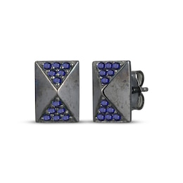 Men's Blue Lab-Created Sapphire Rectangle Stud Earrings Antique Finished Sterling Silver