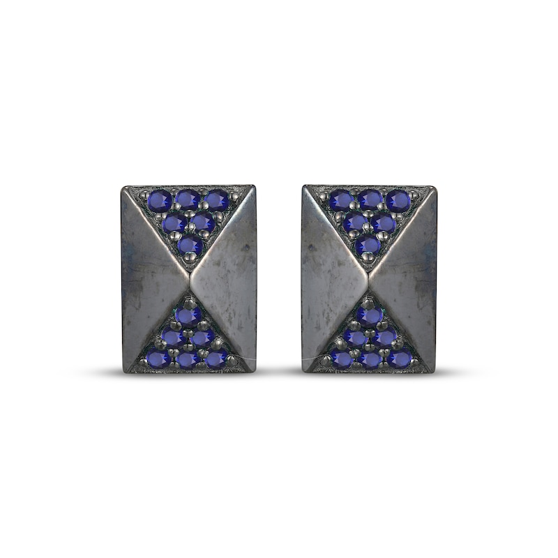 Main Image 2 of Men's Blue Lab-Created Sapphire Rectangle Stud Earrings Antique Finished Sterling Silver