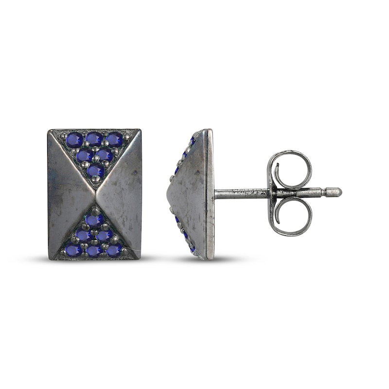 Main Image 3 of Men's Blue Lab-Created Sapphire Rectangle Stud Earrings Antique Finished Sterling Silver