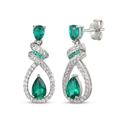 Pear-Shaped Lab-Created Emerald & White Lab-Created Sapphire Swirl Teardrop Dangle Earrings Sterling Silver