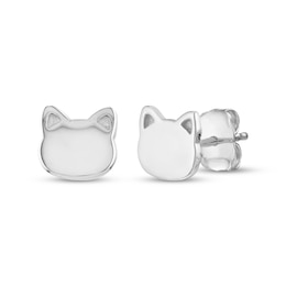 Cat Face Silhouette Stud Earrings 14K White Gold