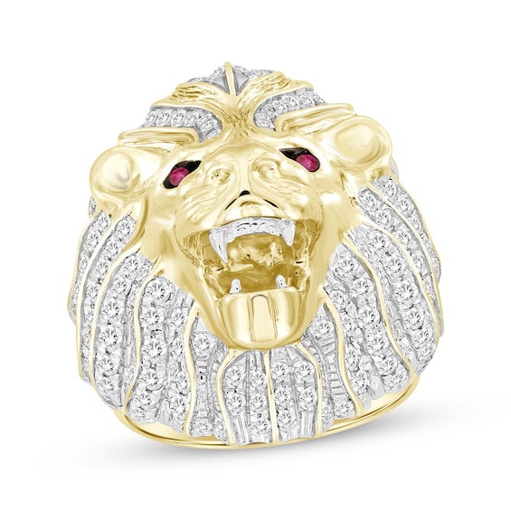 Men's Diamond & Lab-Created Ruby Lion Head Ring 2-1/2 ct tw 10K Yellow Gold