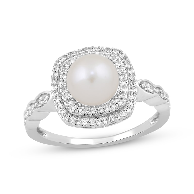 Cultured Pearl & White Lab-Created Sapphire Double Cushion Frame Ring ...