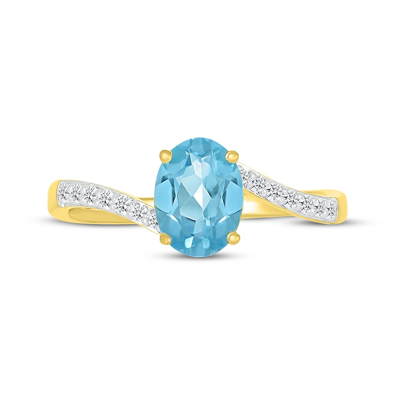 Main Image 4 of Oval-Cut Swiss Blue Topaz & Diamond Bypass Ring 1/10 ct tw 10K Yellow Gold