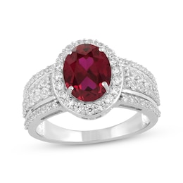 Oval-Cut Lab-Created Ruby & White Lab-Created Sapphire Halo Ring Sterling Silver