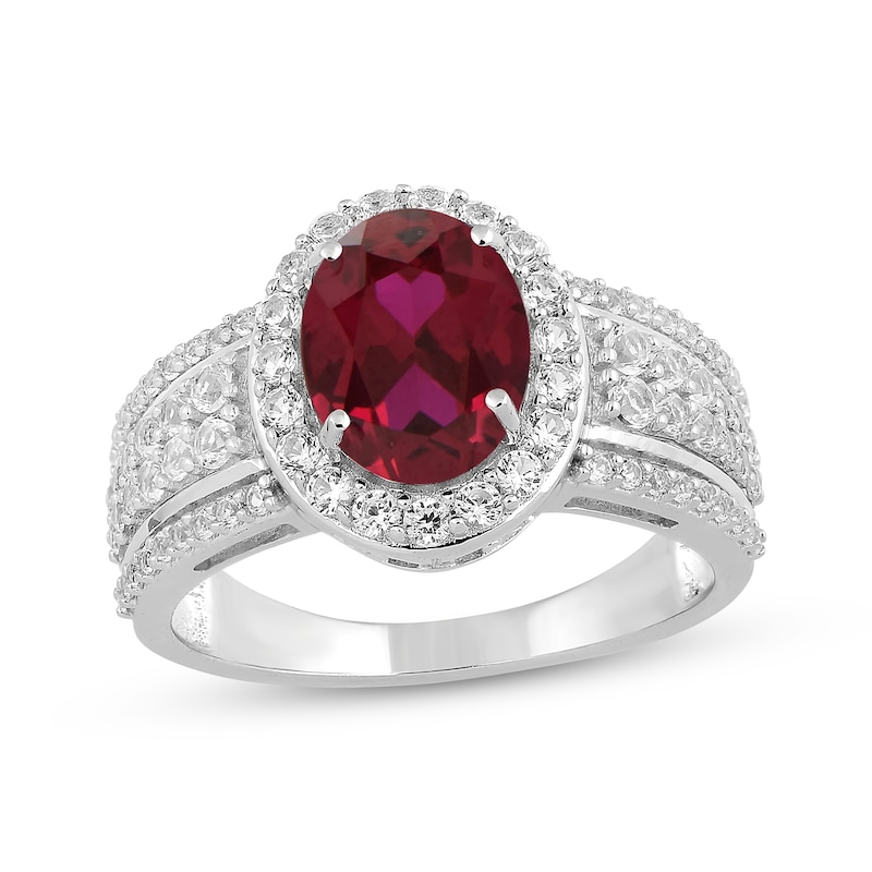 Main Image 1 of Oval-Cut Lab-Created Ruby & White Lab-Created Sapphire Halo Ring Sterling Silver