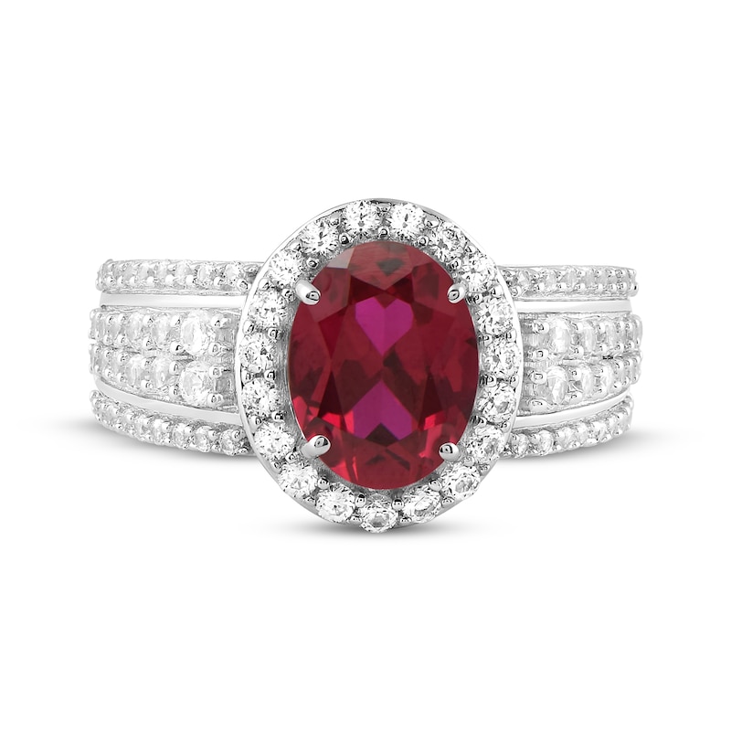 Main Image 3 of Oval-Cut Lab-Created Ruby & White Lab-Created Sapphire Halo Ring Sterling Silver