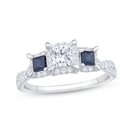 Memories Moments Magic Princess-Cut Diamond & Blue Sapphire Three-Stone Engagement Ring 7/8 ct tw 14K White Gold