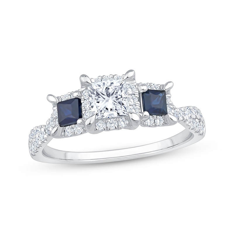 Main Image 1 of Memories Moments Magic Princess-Cut Diamond & Blue Sapphire Three-Stone Engagement Ring 7/8 ct tw 14K White Gold