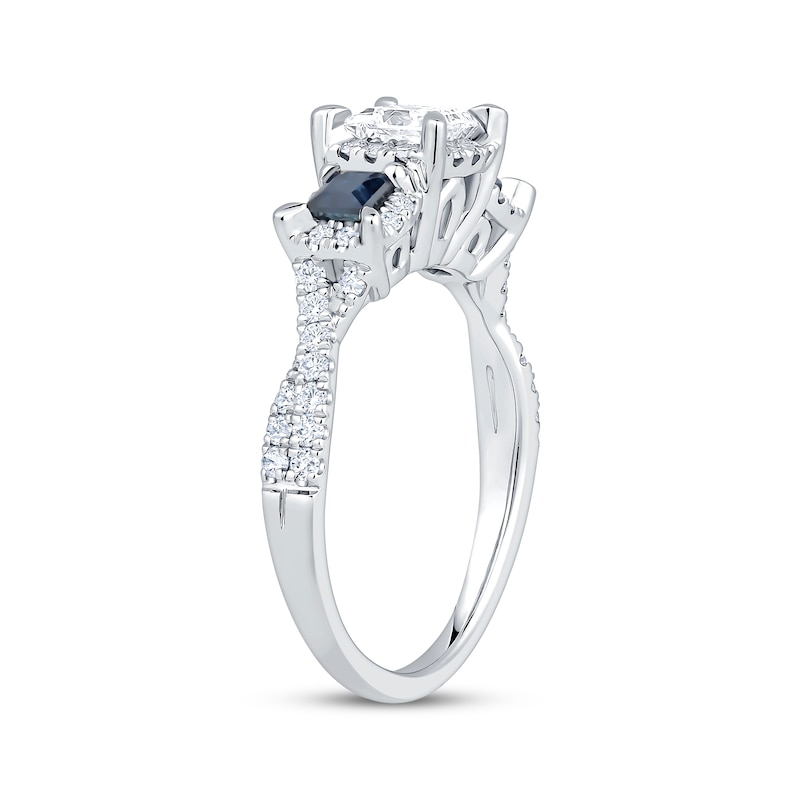 Main Image 2 of Memories Moments Magic Princess-Cut Diamond & Blue Sapphire Three-Stone Engagement Ring 7/8 ct tw 14K White Gold