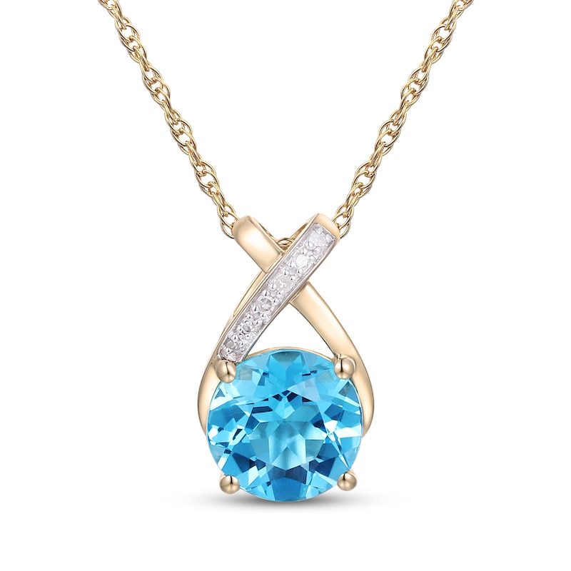 Main Image 1 of Swiss Blue Topaz & Diamond Accent Crossover Necklace 10K Yellow Gold 18&quot;