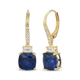 Cushion-Cut Blue & White Lab-Created Sapphire Drop Earrings 18K Yellow Gold-Plated Sterling Silver