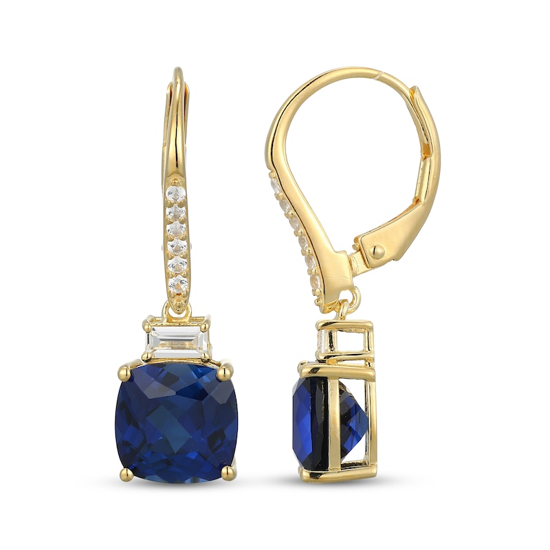 Main Image 3 of Cushion-Cut Blue & White Lab-Created Sapphire Drop Earrings 18K Yellow Gold-Plated Sterling Silver