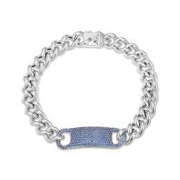 Men's Blue Sapphire Curb Chain Bracelet Sterling Silver 8.5&quot;