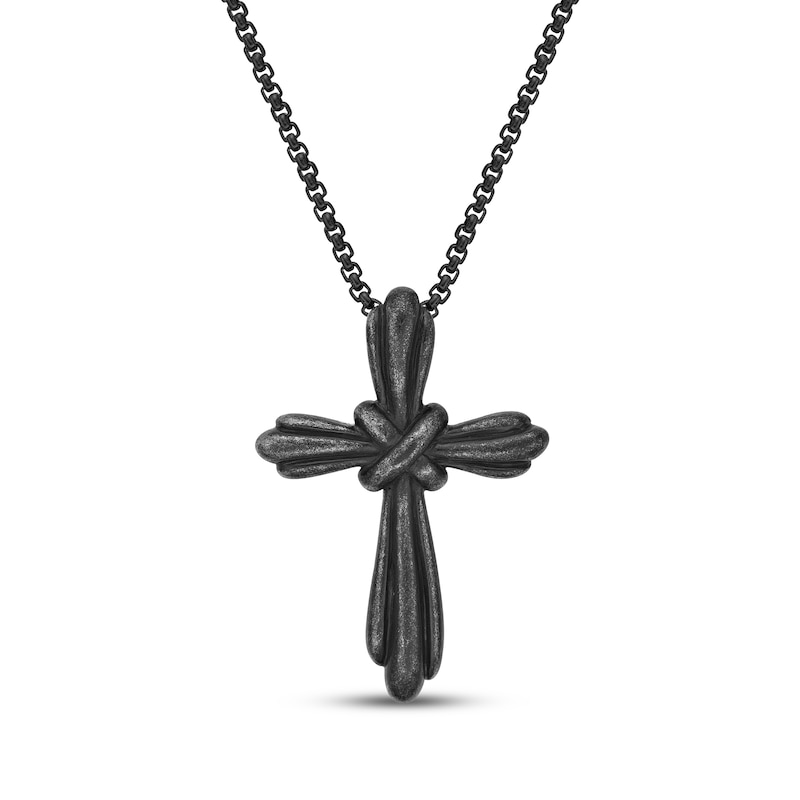 Main Image 1 of Men's Antique-Finish Cross Necklace Black Ion-Plated Stainless Steel 24&quot;