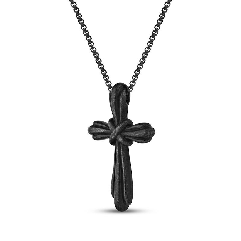 Main Image 2 of Men's Antique-Finish Cross Necklace Black Ion-Plated Stainless Steel 24&quot;