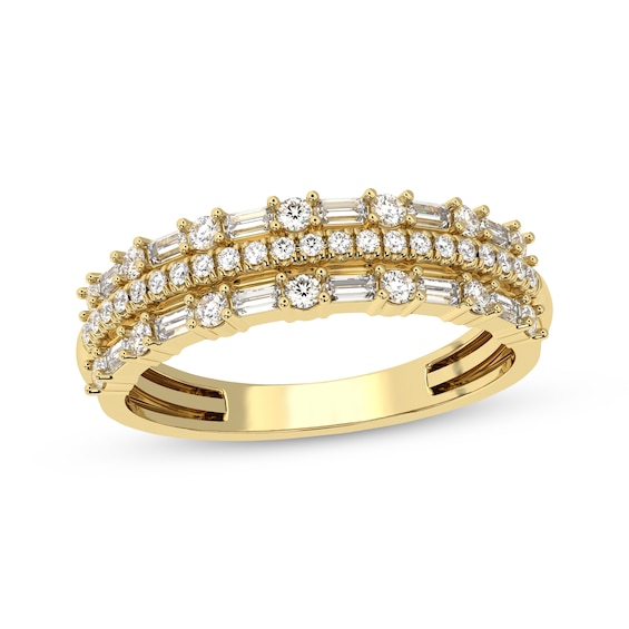 Baguette & Round-Cut Diamond Three-Row Anniversary Band 1/2 ct tw 14K Yellow Gold