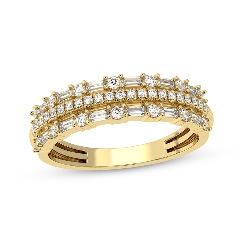 Main Image 1 of Baguette & Round-Cut Diamond Three-Row Anniversary Band 1/2 ct tw 14K Yellow Gold