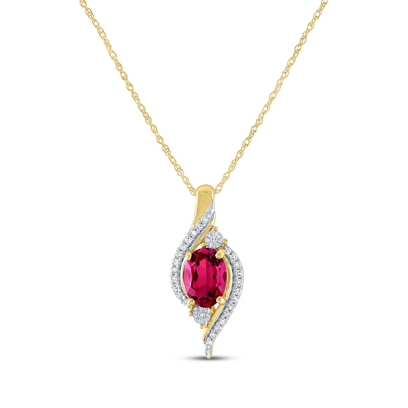 Main Image 1 of Oval-Cut Lab-Created Ruby & Diamond Swirl Necklace 1/15 ct tw 10K Yellow Gold 18&quot;