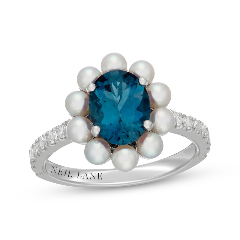 Main Image 1 of Neil Lane Oval-Cut London Blue Topaz, Diamond & Cultured Akoya Pearl Engagement Ring 1/3 ct tw 14K White Gold