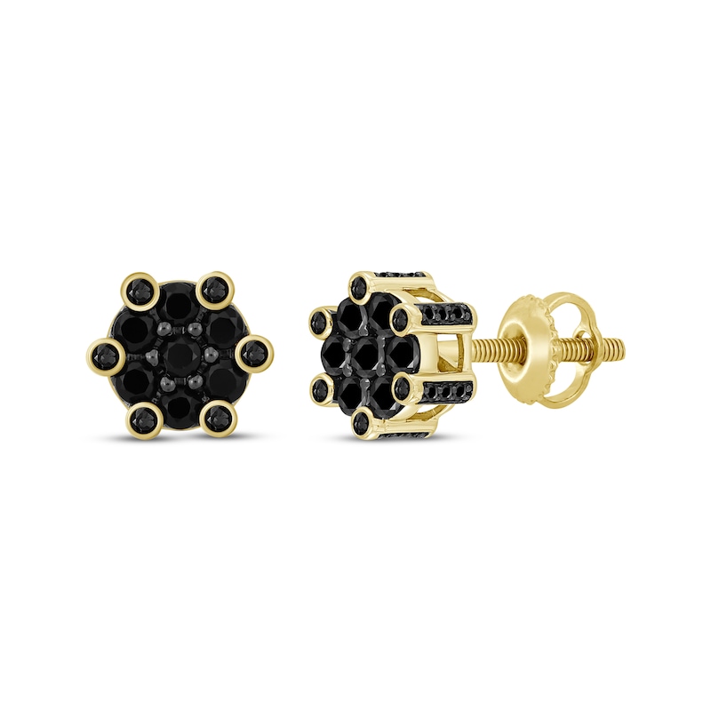 Main Image 1 of Men's Black Diamond Stud Earrings 1 ct tw 10K Yellow Gold