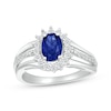 Thumbnail Image 1 of Oval-Cut Lab-Created Sapphire & White Lab-Created Sapphire Starburst Halo Ring Sterling Silver