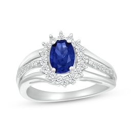 Oval-Cut Lab-Created Sapphire & White Lab-Created Sapphire Starburst Halo Ring Sterling Silver