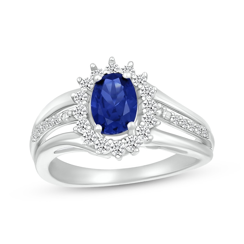 Main Image 1 of Oval-Cut Lab-Created Sapphire & White Lab-Created Sapphire Starburst Halo Ring Sterling Silver