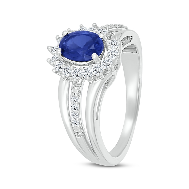 Main Image 2 of Oval-Cut Lab-Created Sapphire & White Lab-Created Sapphire Starburst Halo Ring Sterling Silver