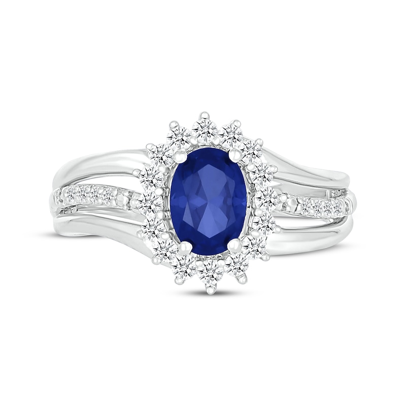 Main Image 4 of Oval-Cut Lab-Created Sapphire & White Lab-Created Sapphire Starburst Halo Ring Sterling Silver