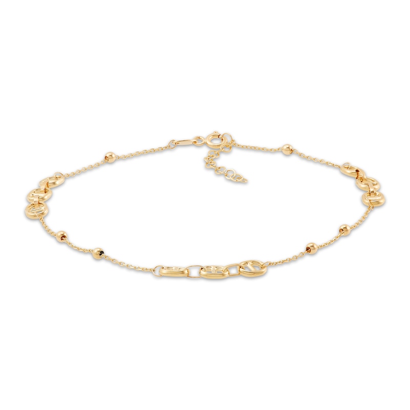 Hollow Mariner Link & Bead Station Anklet 10K Yellow Gold 10"
