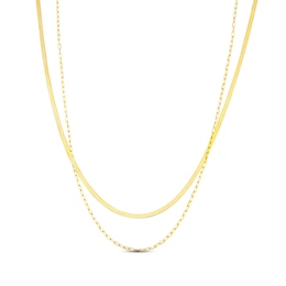 Herringbone & Paperclip Chain Double-Strand Necklace Hollow 10K Yellow Gold 18&quot;