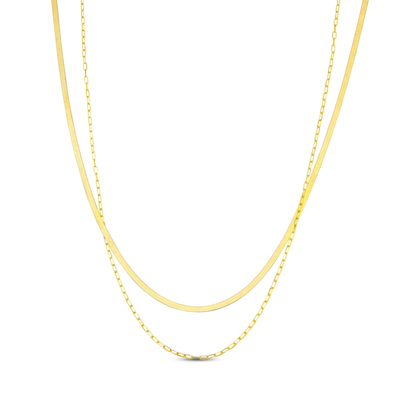 Main Image 1 of Hollow Herringbone & Paperclip Chain Double-Strand Necklace 10K Yellow Gold 18&quot;