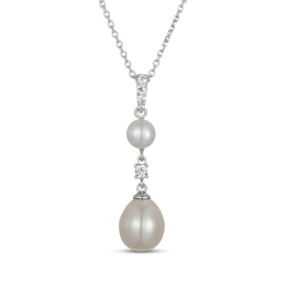 Cultured Pearl & White Lab-Created Sapphire Drop Necklace Sterling Silver 18&quot;