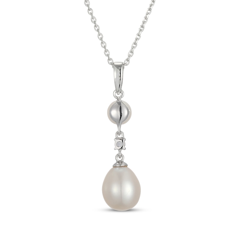 Cultured Pearl & White Lab-Created Sapphire Drop Necklace Sterling Silver 18"