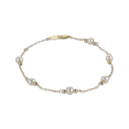 Cultured Pearl & Bead Station Bracelet 10K Yellow Gold 7.5&quot;