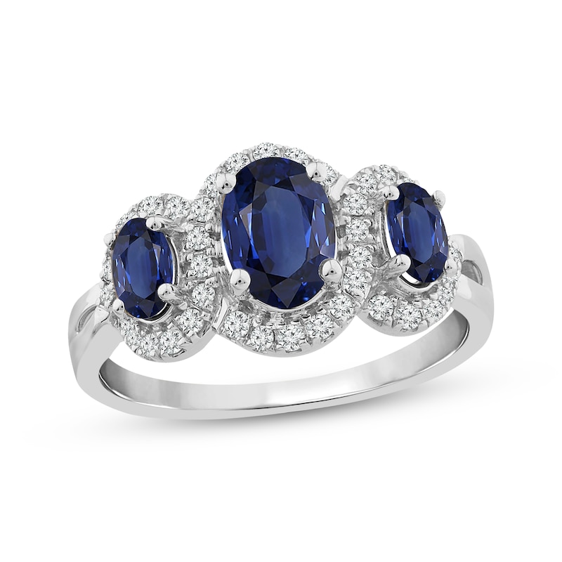 Main Image 1 of Memories Moments Magic Oval-Cut Blue Lab-Created Sapphire & Diamond Halo Three-Stone Ring 1/4 ct tw Sterling Silver