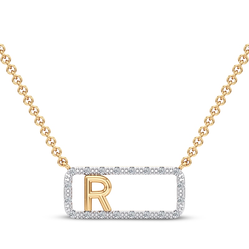 Main Image 1 of Diamond R Initial Rectangle Necklace 1/10 ct tw 10K Yellow Gold 18&quot;