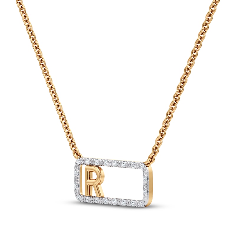 Main Image 2 of Diamond R Initial Rectangle Necklace 1/10 ct tw 10K Yellow Gold 18&quot;