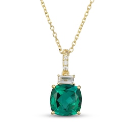 Cushion-Cut Lab-Created Emerald & White Lab-Created Sapphire Necklace 18K Yellow Gold-Plated Sterling Silver 18&quot;