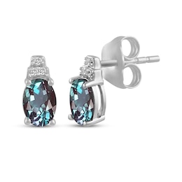 Oval-Cut Lab-Created Alexandrite & White Lab-Created Sapphire Stud Earrings Sterling Silver