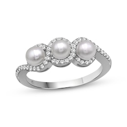 Cultured Pearl & White Lab-Created Sapphire Halo Twist Ring Sterling Silver