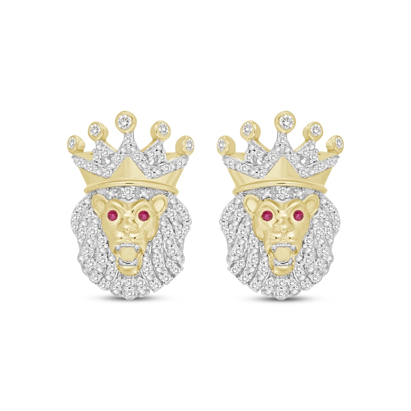 Men’s Round-Cut Diamond & Round-Cut Lab-Created Ruby Lion with Crown Stud Earrings 1/4 ct tw 10K Yellow Gold