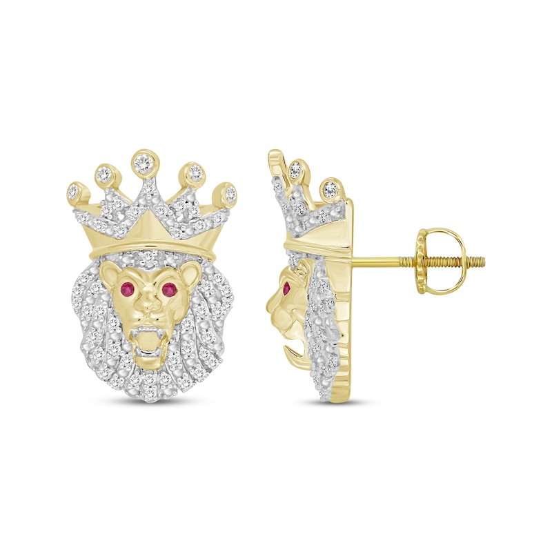 Men’s Round-Cut Diamond & Round-Cut Lab-Created Ruby Lion with Crown Stud Earrings 1/4 ct tw 10K Yellow Gold