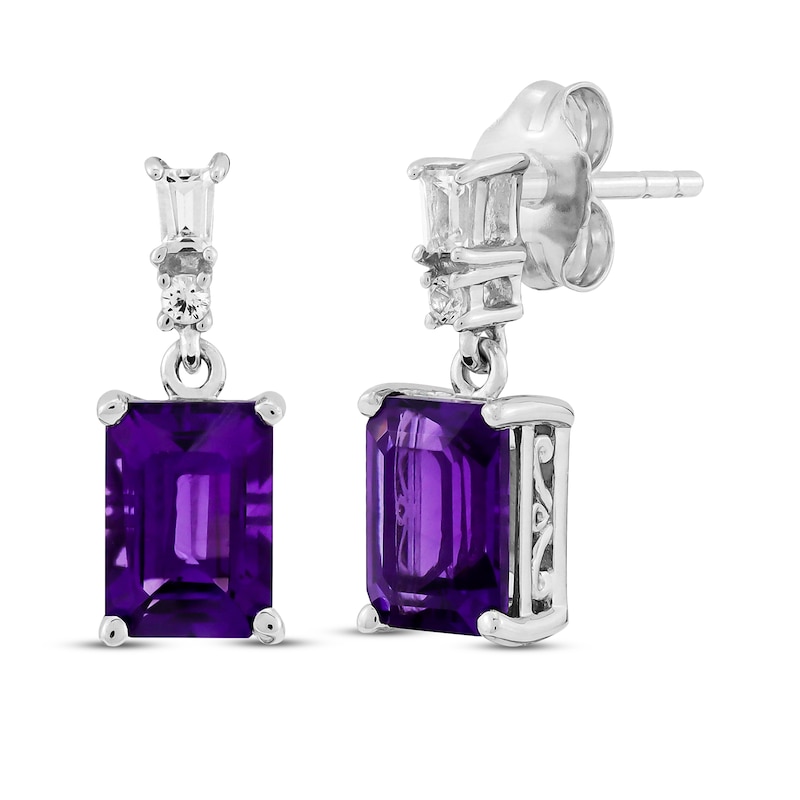 Emerald-Cut Amethyst & White Lab-Created Sapphire Drop Earrings Sterling Silver