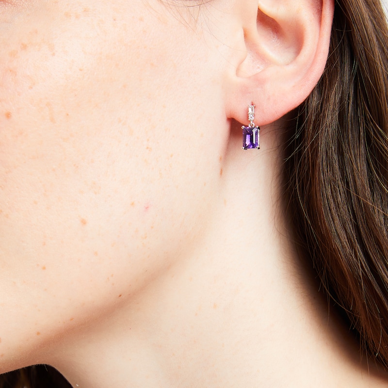 Emerald-Cut Amethyst & White Lab-Created Sapphire Drop Earrings Sterling Silver