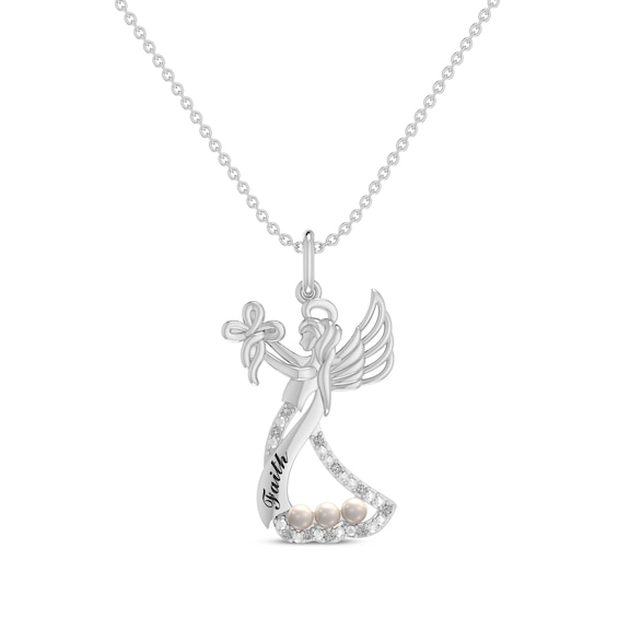 Cultured Pearl & Diamond "Faith" Angel Necklace 1/20 ct tw Sterling Silver 18"
